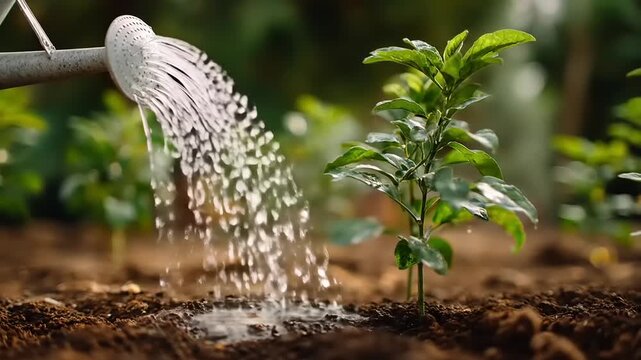 Watering a small plant nurturing new growth and cultivating life