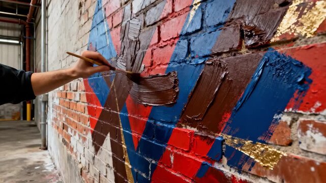 Artist using a stiff brush applying thick paint in controlled strokes building layered textures and dynamic patterns on a wall