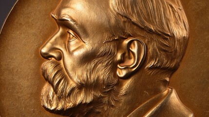laureate. Close-up view of Nobel Prize medal showing engraved profile and inscriptions. event programs, museum guides, designed for cultural heritage projects and event programs.