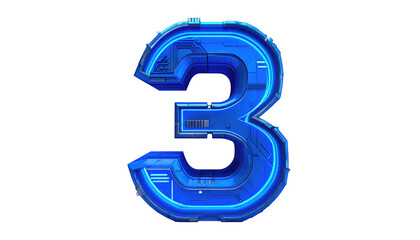 Futuristic digit "3" rendered with a glowing blue outline and detailed, mechanical interior, isolated against black