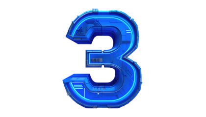 Futuristic digit "3" rendered with a glowing blue outline and detailed, mechanical interior, isolated against black