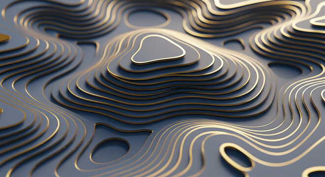 Gray and gold topographic contour map with elegant metallic accent lines pattern - Powered by Adobe