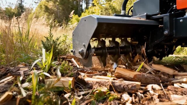 Closeup medium perspective on mulching machinery processing thick plant growth in an overgrown natural habitat showcasing sustainable land management.