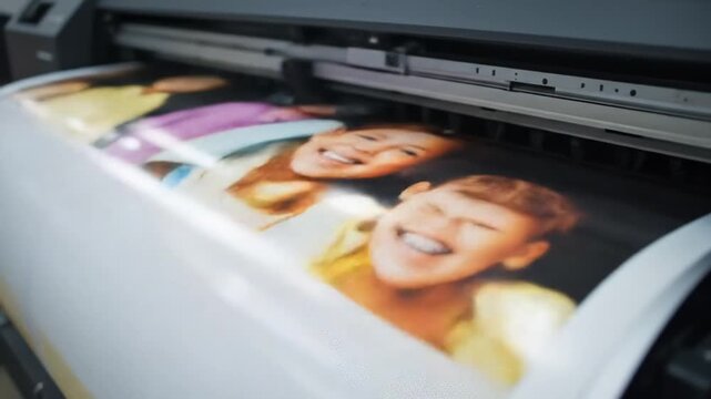 A large format digital printer in action, printing color graphics onto a roll of vinyl. 4k video