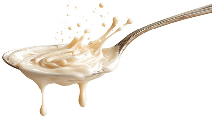 Condensed milk flowing down from spoon isolated on transparent white background.