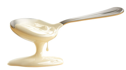 Condensed milk flowing down from spoon isolated on transparent white background.