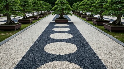 Zen Garden Path with Bonsai Trees - A Serene Landscape.