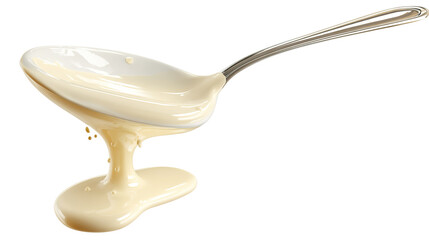 Condensed milk flowing down from spoon isolated on transparent white background.