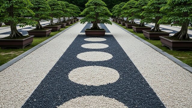 Zen Garden Path with Bonsai Trees - A Serene Landscape.