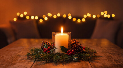 Glowing candle in a pine & holly arrangement on a rustic table in warm holiday light. Use for Christmas, decor themes, hospitality visuals & seasonal ambiance marketing
