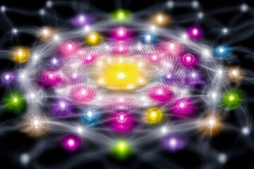 An abstract image of a network of colorful lights on a black background, representing connections and data.