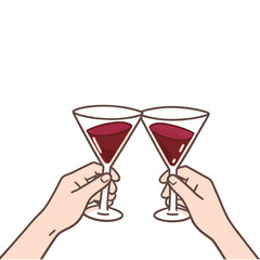 Hands holding martini glasses full of red wine or cocktail clinking in a toast line art illustration vector