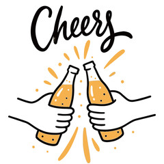 Cheers hand lettering with two hands clinking glass bottles of yellow beverage with splashing elements doodle illustration