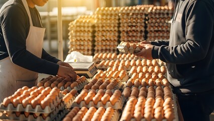 A person is buying a carton of fresh, locally sourced brown chicken eggs from a farmer at a bustling outdoor food stall in warm sunlight