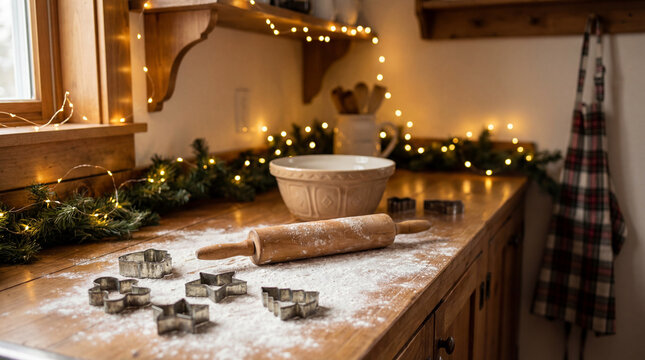 Holiday baking scene with flour, rolling pin & cookie cutters on a wood counter. Use for Christmas, kitchen lifestyle, recipe content & family activity marketing
