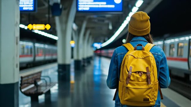 Young woman with yellow backpack stands at train station platform, observing arriving train, camera follows her gaze, capturing anticipation and excitement of travel