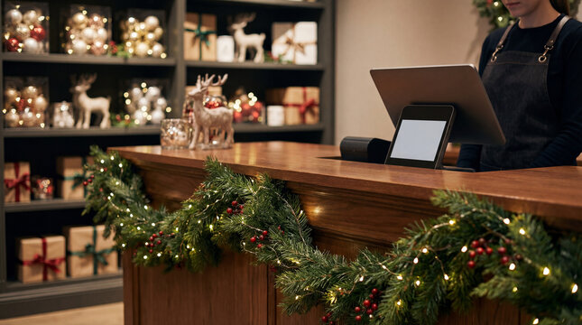 Holiday-decorated shop counter with garland, lights & wrapped gifts ready for customers. Use for Christmas, retail marketing, small business promos & seasonal store visuals
