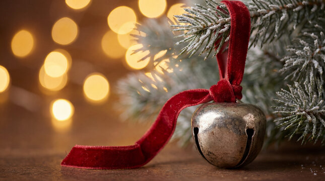 Vintage silver jingle bell on frosted pine branch with soft golden holiday lights. Use for Christmas, decor themes, nostalgic visuals & winter ambiance marketing
 - Powered by Adobe