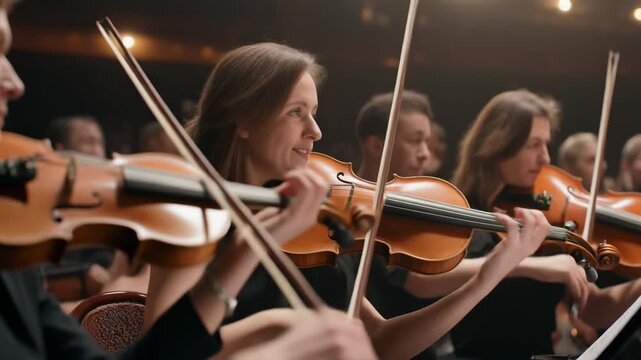 A group of female violinists performing classical music in an orchestra, with one musician smiling.