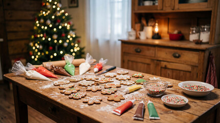 Homemade Christmas cookies arranged on a rustic kitchen table. Use for holiday baking promotions, seasonal food marketing, family lifestyle content & culinary blog features 
