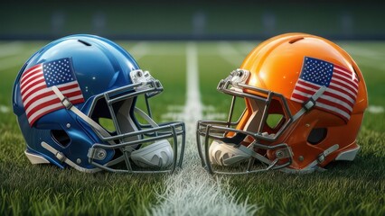 Two football helmets, blue and orange, facing each other on a grassy field