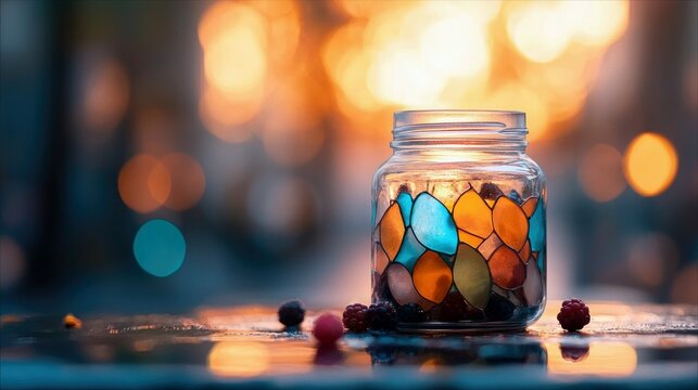 A glass jar with a colorful stained glass design and berries sits on a reflective surface, with a blurred bokeh background.