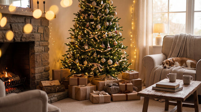 Dog sleeping on cozy sofa beside glowing Christmas tree. Use for holiday home decor ads, winter lifestyle marketing, pet themed promotions & stress relief content
