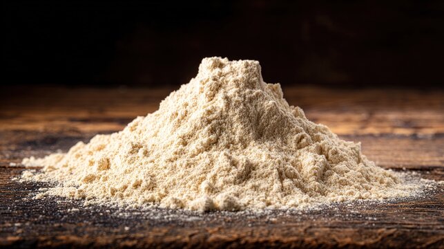 emmer. Coarsely ground emmer flour on a rustic wooden board, textured surface. menu design, packaging mockups, designed for food delivery and cloud-kitchen brand materials.