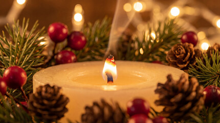Glowing candle surrounded by pinecones & red berries with warm lights. Use for holiday ambiance marketing, home decor ads, seasonal branding & winter wellness inspiration
