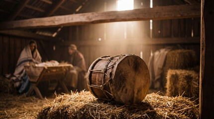 Rustic nativity barn with drum in foreground and baby in manger lit by soft rays in the background. Use for faith, Christmas, church, family service & inspirational message marketing
