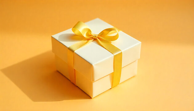 A square gift box with a yellow ribbon on a yellow background casting a shadow to side 4K and HD Image