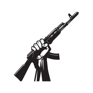 Raised fist holding an assault rifle silhouette. Vector illustration of a hand grasping a weapon, symbolizing revolution, war, resistance, military power, or freedom fighter isolated on white.

