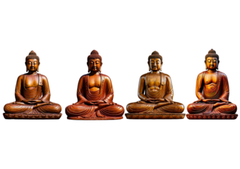 Set wooden statue of a Buddha sitting in a cross legged position. isolated on a transparent or white background.