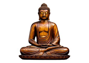 A wooden statue of a Buddha sitting in a cross legged position. isolated on a transparent or white background.