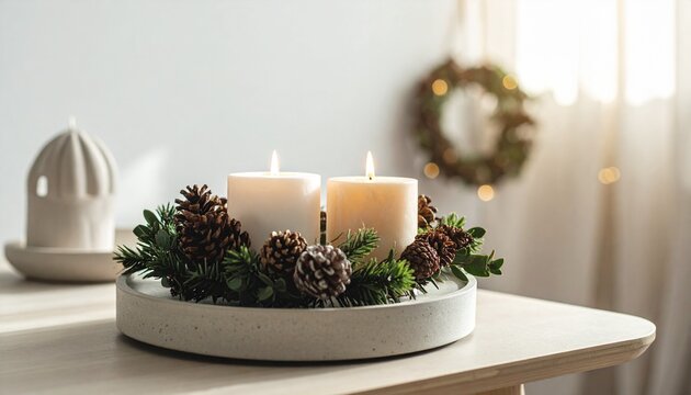 Minimalist Christmas Candle Centerpiece with Pinecones and Evergreens - Powered by Adobe