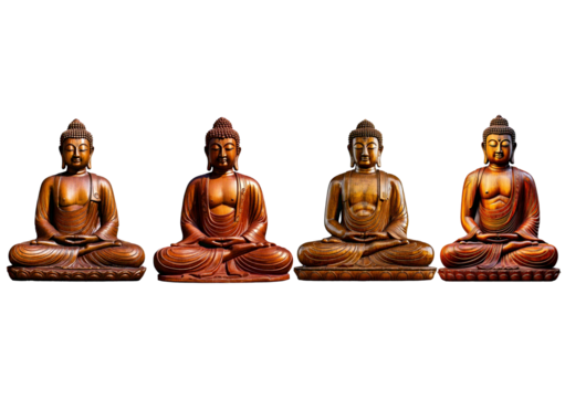 Set wooden statue of a Buddha sitting in a cross legged position. isolated on a transparent or white background.