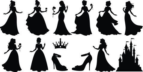 Black silhouette princesses elegant ball gowns holding roses crowns castle high heels woman female