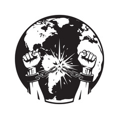 Hands breaking chains in front of planet earth globe. Vector silhouette illustration of raised fists snapping handcuffs. Concept of global freedom, liberation, revolution, and human rights.
