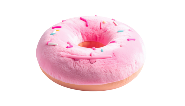Soft pink donut with colorful sprinkles against a black background, appearing plush and invitingly sweet - Powered by Adobe