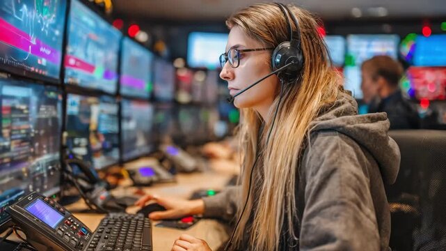 Medium shot of a dispatcher urgently sending an emergency fire alert using a communication device in a bustling control center.