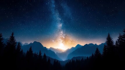 Naklejka premium A beautiful landscape of mountains and trees silhouetted against a night sky filled with stars and the Milky Way.