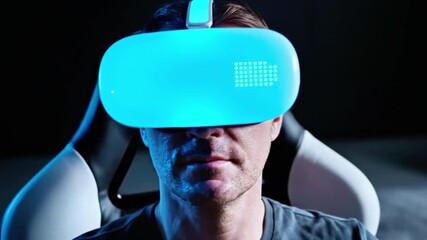 A man in a virtual reality headset sits, illuminated by blue light in a dark room - Powered by Adobe