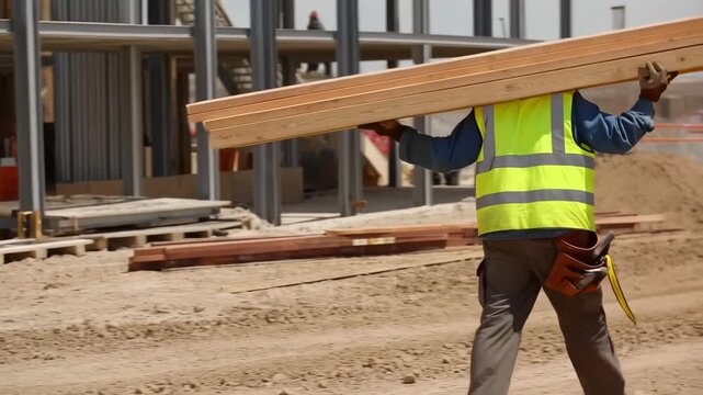 Construction Worker Hard at Work: Carrying Heavy Lumber on Site