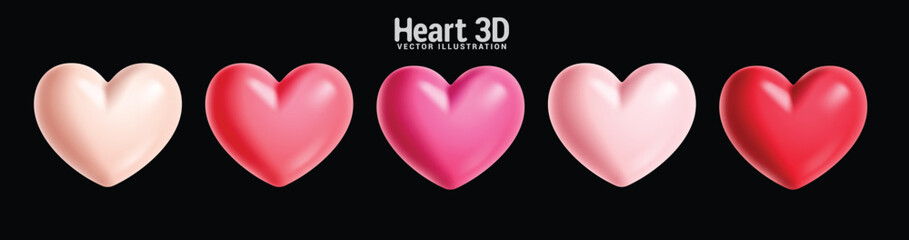 3d Hearts shape symbol clipart set. Heart shape love icon clip art collection in red and pink color for valentine's day graphic elements in white background vector illustration.
