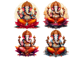 Indian god Ganesha with elephant head. Divine Hindu lord of luck, wisdom, isolated on a transparent or white background.