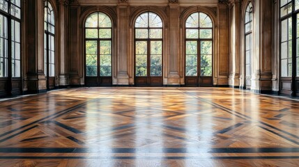 An empty ballroom with large windows, a wooden floor, and sunlight streaming through, creating a bright and airy atmosphere.
