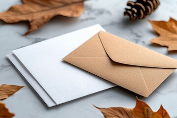 Close-up of a brown envelope and blank white paper with dried autumn leaves and a pine cone on a marble surface, creating a fall-themed composition.