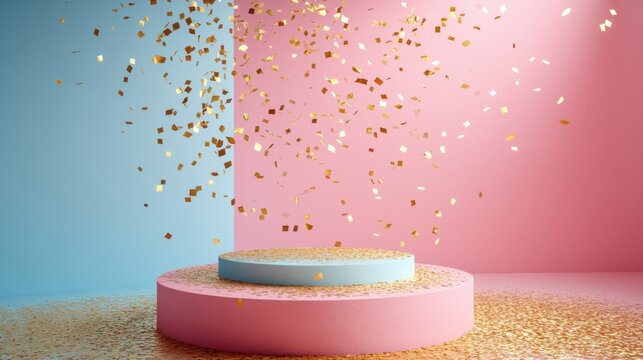 Modern product display stand showcasing golden paper elements in a vibrant setting