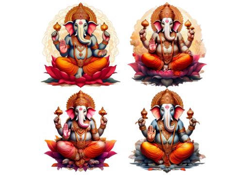 Indian god Ganesha with elephant head. Divine Hindu lord of luck, wisdom, isolated on a transparent or white background.