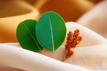 Close-up of two green eucalyptus leaves and a small red and yellow flower resting on a beige fabric with soft lighting.